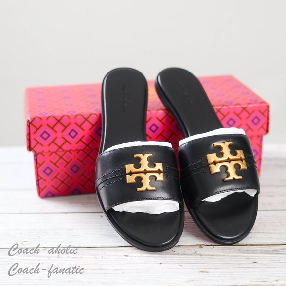 Tory Burch Shoes - NWT Tory Burch Everly Calf Leather Gold Logo Slide Sandals in Black